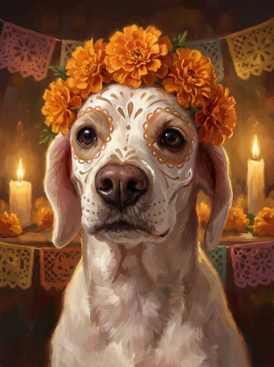 Perro blanco con flores de cempasúchil