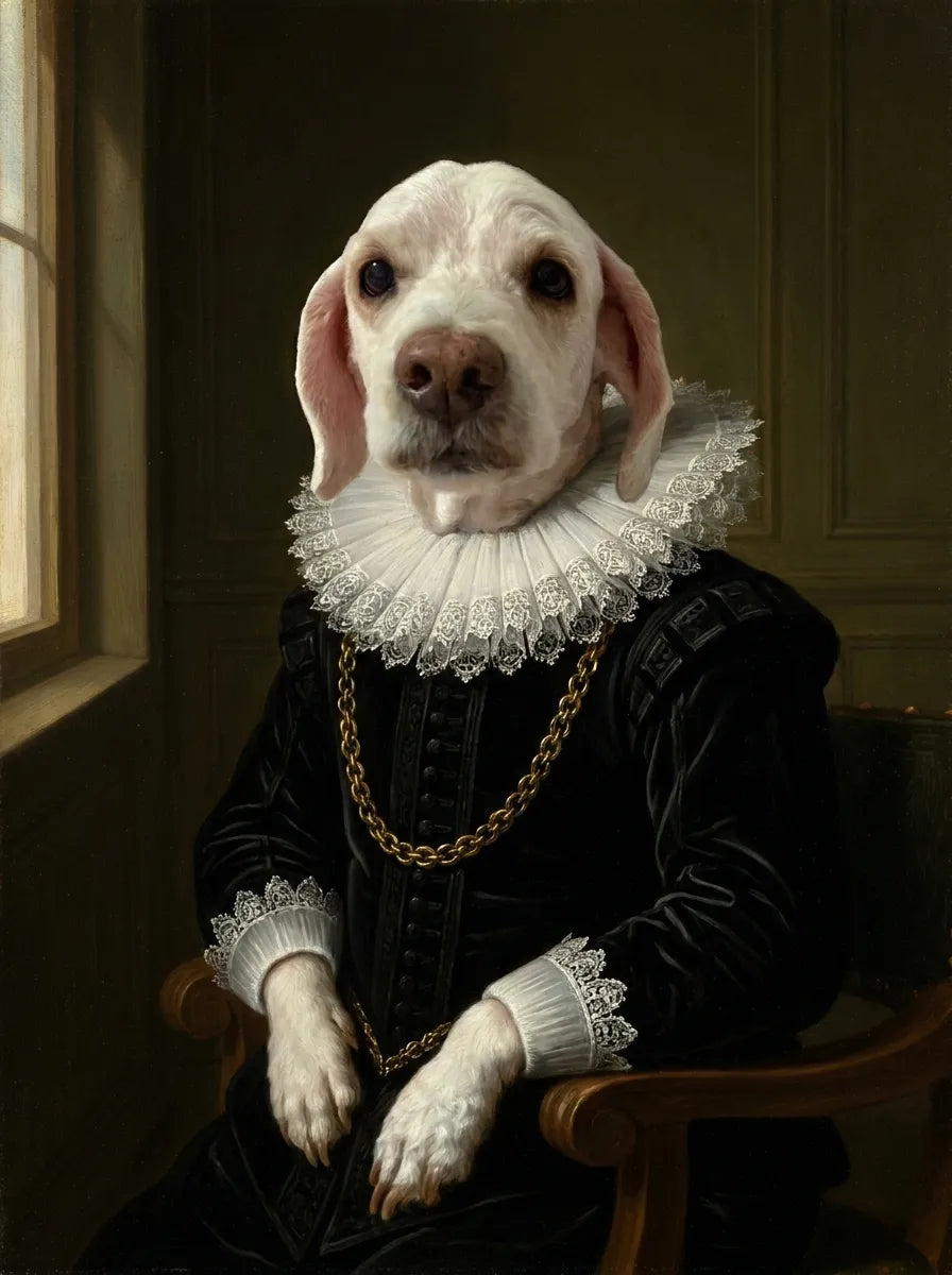 Perro blanco pintado con gorguera de encaje
