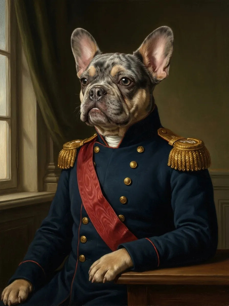 Bulldog francés pintado como almirante