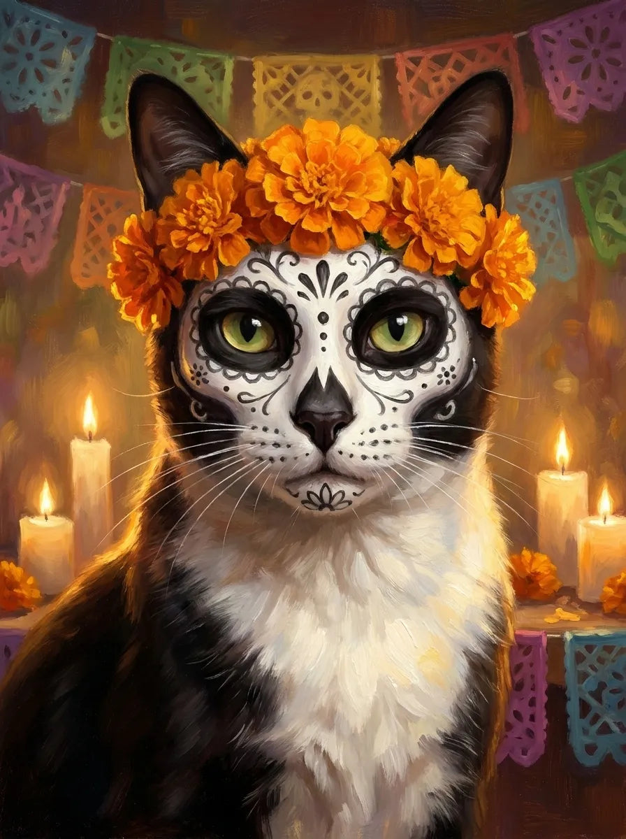 Gato con maquillaje de Día de Muertos