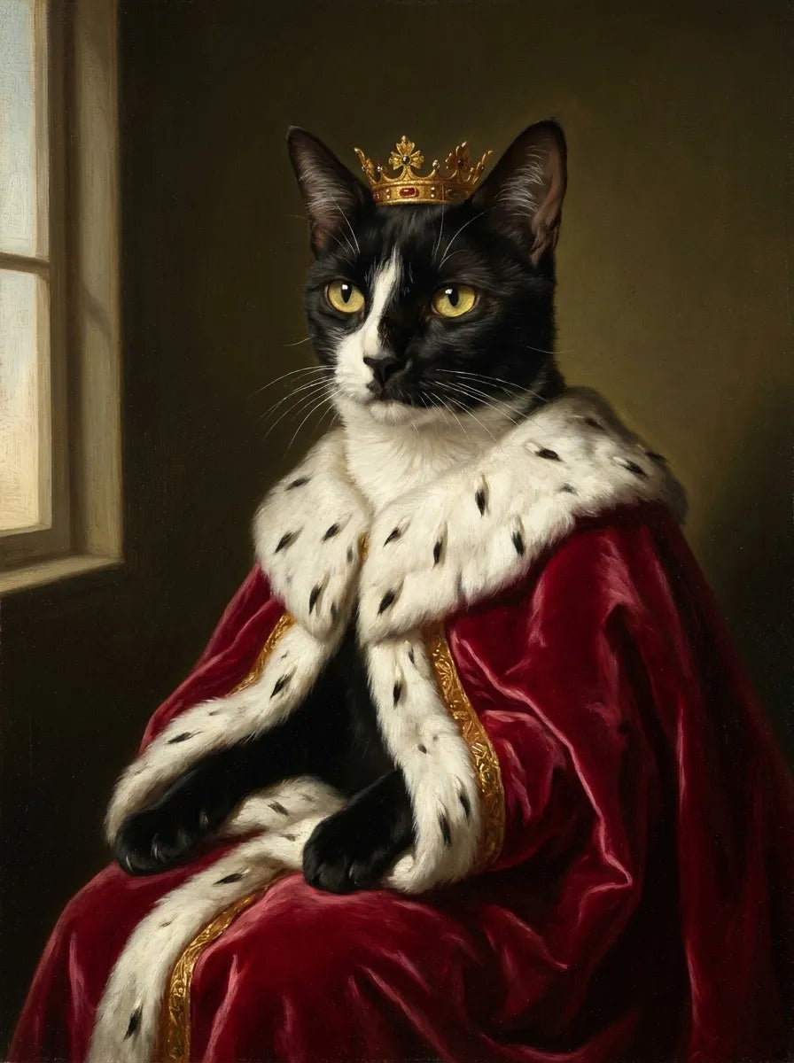 Gato pintado como rey con corona