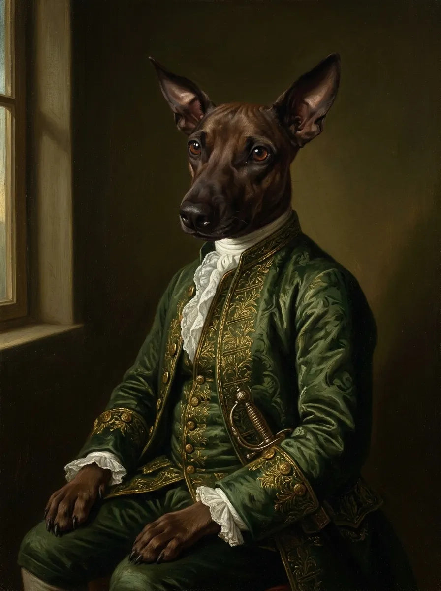 Xolo pintado como caballero del siglo XVII